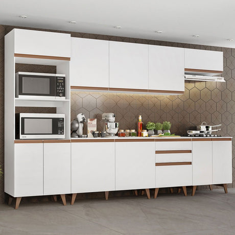 Cocina Integral Modular Reims Blanco 320x210cm con Mesón de Madera Aglomerada Mdp sin Estufa con Tres Cajones y con Diecisiete Entrepaños - COCINAS | Bylmo