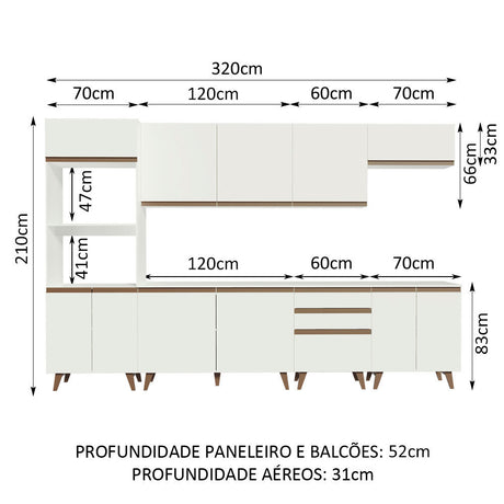 Cocina Integral Modular Reims Blanco 320x210cm con Mesón de Madera Aglomerada Mdp sin Estufa con Tres Cajones y con Diecisiete Entrepaños - COCINAS | Bylmo