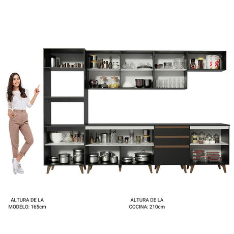Cocina Integral Modular Reims Negro 320x210cm con Mesón de Madera Aglomerada Mdp sin Estufa con Tres Cajones y con Diecisiete Entrepaños - COCINAS | Bylmo