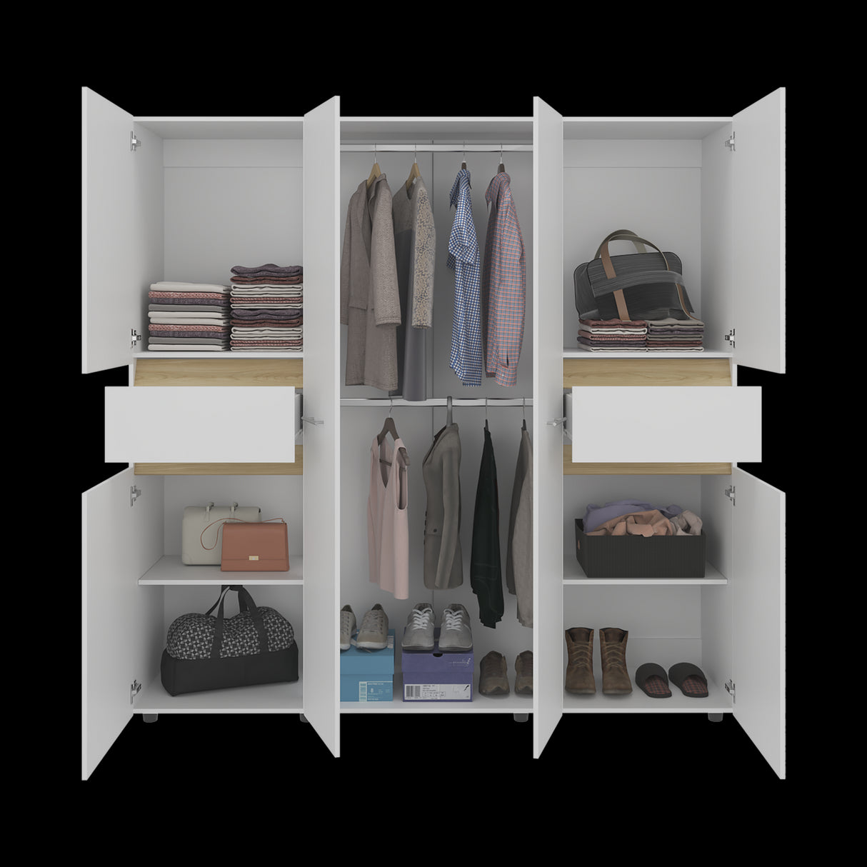 Closet Berino Blanco y Fresno Europeo 200x200cm con Seis Puertas y Diez Compartimientos - CLOSETS | Bylmo