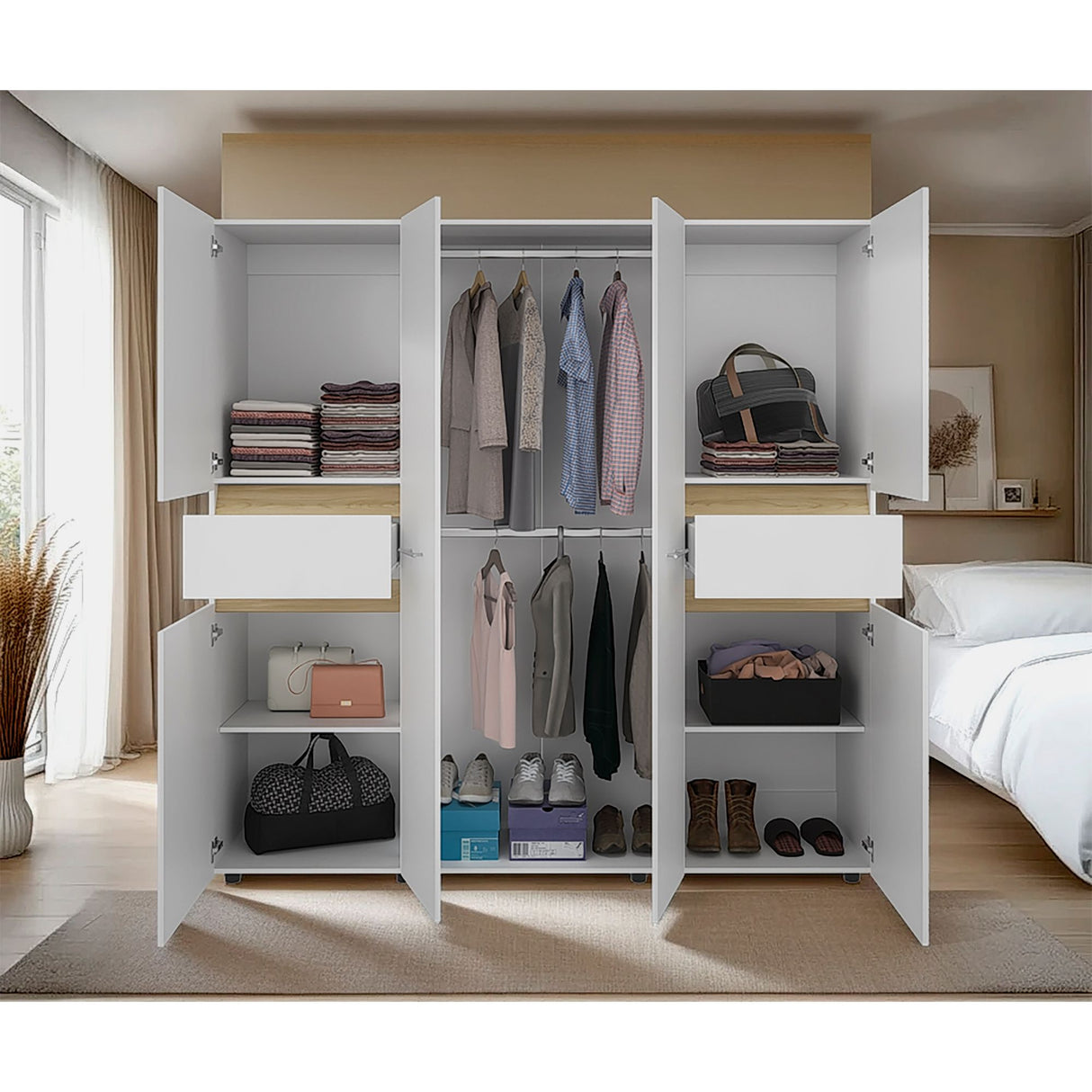 Closet Berino Blanco y Fresno Europeo 200x200cm con Seis Puertas y Diez Compartimientos - CLOSETS | Bylmo