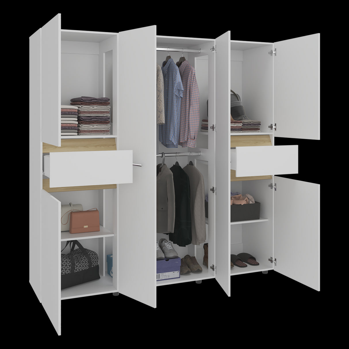 Closet Berino Blanco y Fresno Europeo 200x200cm con Seis Puertas y Diez Compartimientos - CLOSETS | Bylmo