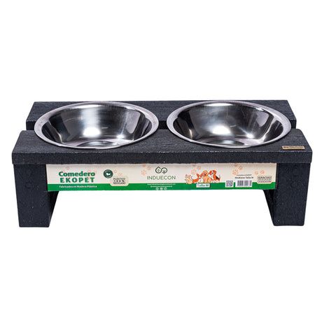 Comedero Ekopet Negro 40x12cm con Dos Tazones y para Mascotas Medianas - COMEDEROS PARA MASCOTAS | Bylmo