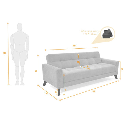 Sofá Cama Sahara Plata 206x82cm De Tres Puestos Reclinable y con Apoya Brazos - SOFAS Y POLTRONAS | Bylmo