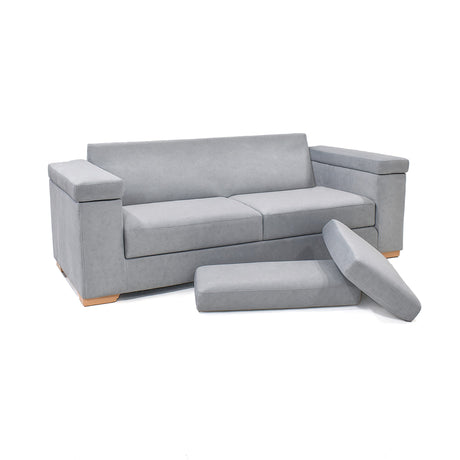 Sala Montenegro Plata y Mostaza 207x82cm con Sofacama Poltrona y Mesa de Centro - SOFAS Y POLTRONAS | Bylmo