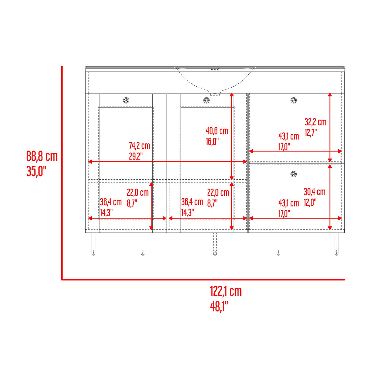 Mueble para Lavamanos Baluarte Blanco 121.9x86.3cm Individual con Lavamanos Empotrado y con Cuatro Puertas - MUEBLES PARA LAVAMANOS | Bylmo