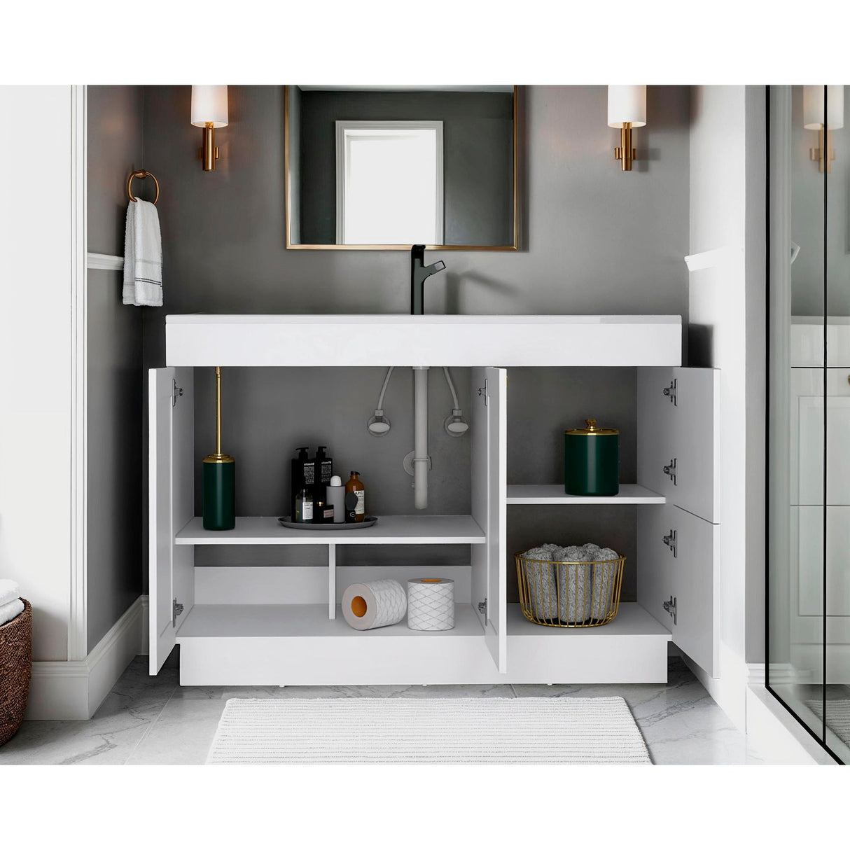 Mueble para Lavamanos Baluarte Blanco 121.9x86.3cm Individual con Lavamanos Empotrado y con Cuatro Puertas - MUEBLES PARA LAVAMANOS | Bylmo