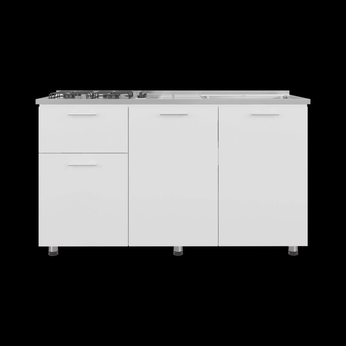 Mueble Inferior de Cocina Creta Blanco 150x88cm con Mesón de Acero Inoxidable Lado Izquierdo y con Estufa - MUEBLES INFERIORES DE COCINA | Bylmo