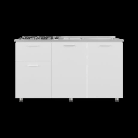 Mueble Inferior de Cocina Creta Blanco 150x88cm con Mesón de Acero Inoxidable Lado Izquierdo y con Estufa - MUEBLES INFERIORES DE COCINA | Bylmo