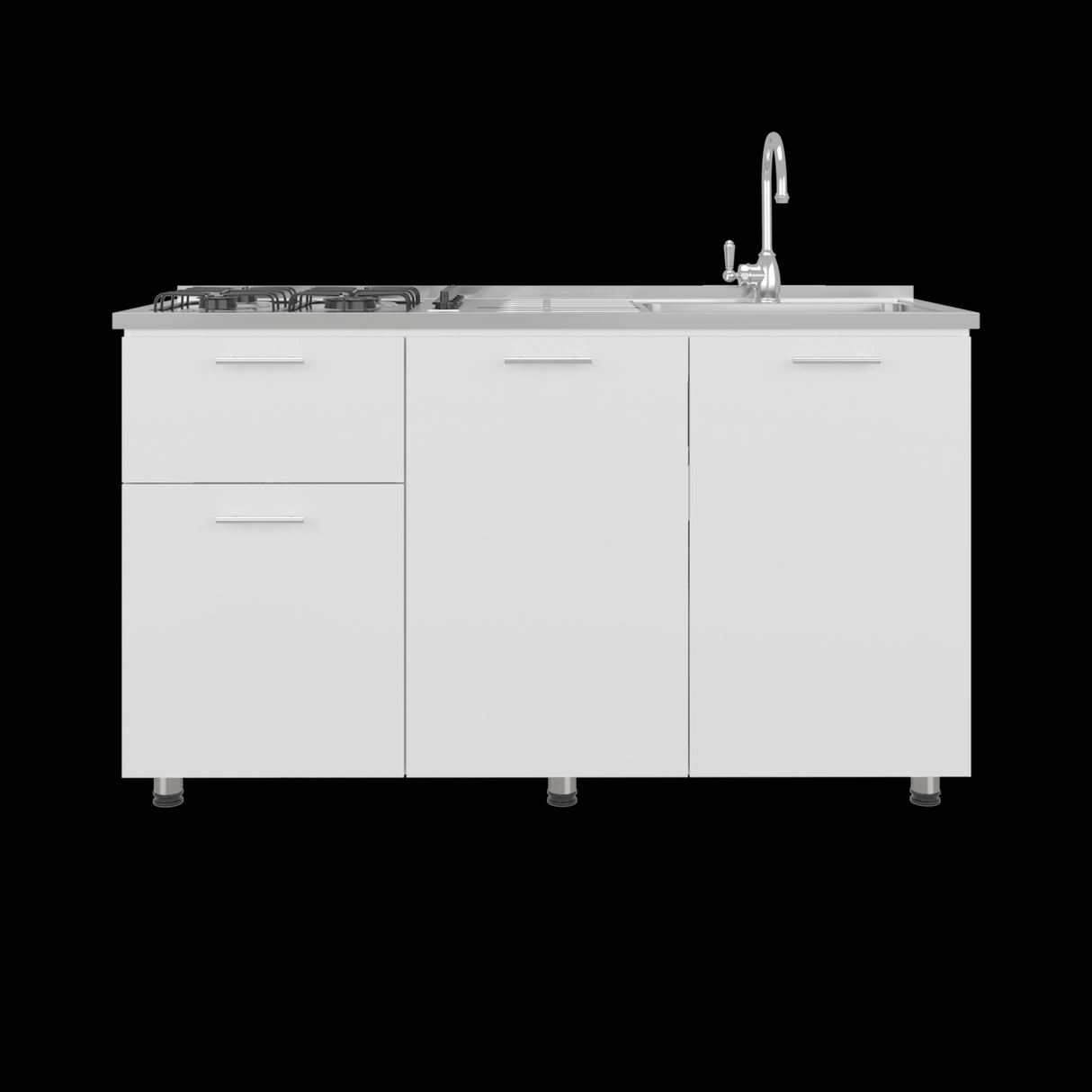 Mueble Inferior de Cocina Creta Blanco 150x88cm con Mesón de Acero Inoxidable Lado Izquierdo y con Estufa - MUEBLES INFERIORES DE COCINA | Bylmo