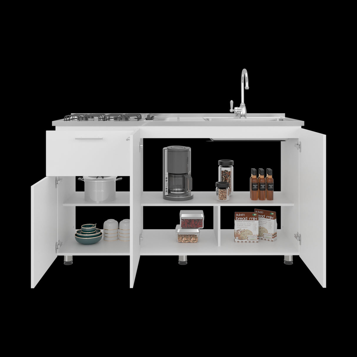 Mueble Inferior de Cocina Creta Blanco 150x88cm con Mesón de Acero Inoxidable Lado Izquierdo y con Estufa - MUEBLES INFERIORES DE COCINA | Bylmo