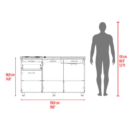 Mueble Inferior de Cocina Creta Blanco 150x88cm con Mesón de Acero Inoxidable Lado Izquierdo y con Estufa - MUEBLES INFERIORES DE COCINA | Bylmo