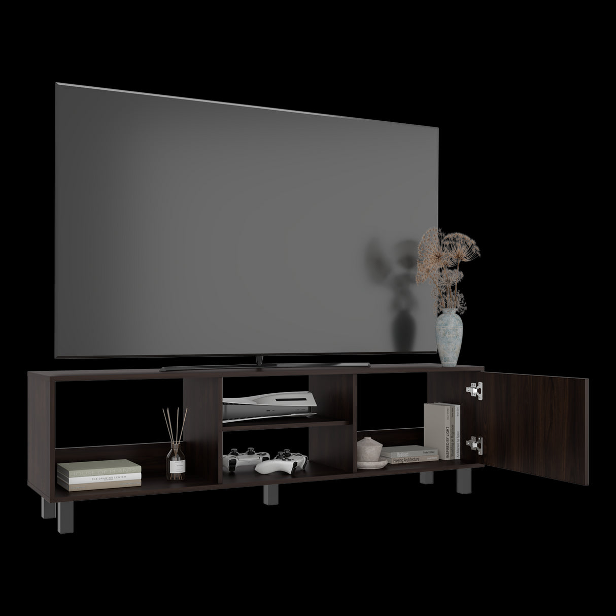 Rack de TV Tunez Nogal 160x47.5cm Para TV Hasta 70" Pulgadas con Cuatro Compartimientos y Ranuras para Cable - MUEBLES DE TV | Bylmo