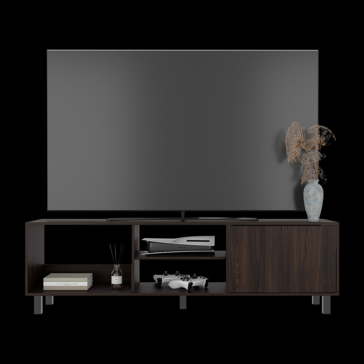 Rack de TV Tunez Nogal 160x47.5cm Para TV Hasta 70" Pulgadas con Cuatro Compartimientos y Ranuras para Cable - MUEBLES DE TV | Bylmo
