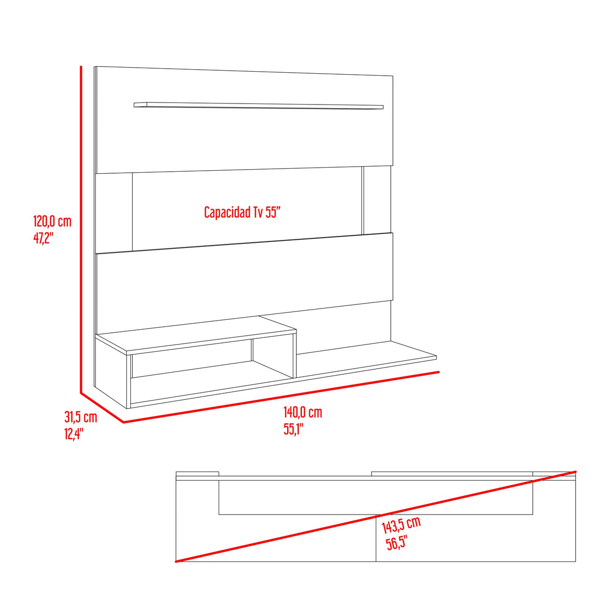 Panel de TV Beijing Fresno Europeo y Blanco 140x120cm Flotante para TV Hastas 55" Pulgadas con Dos Compartimientos y Ranuras para Cable - MUEBLES DE TV | Bylmo