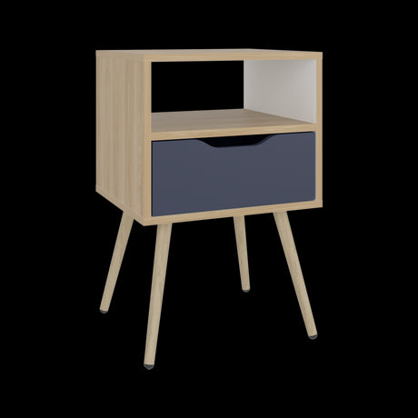 Mesa de Noche Otom Fresno Europeo y Blanco 40x63cm con Un Cajón y Dos Compártimientos - MESAS DE NOCHE | Bylmo