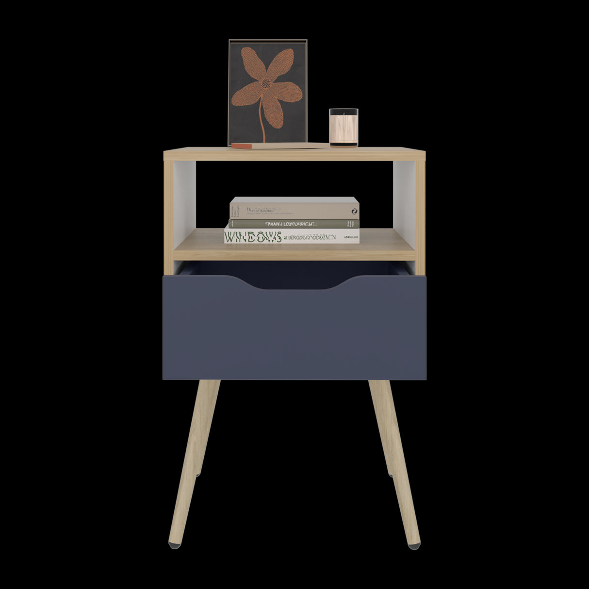 Mesa de Noche Otom Fresno Europeo y Blanco 40x63cm con Un Cajón y Dos Compártimientos - MESAS DE NOCHE | Bylmo