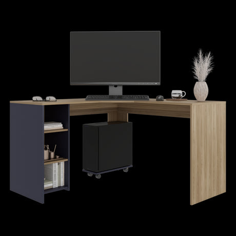 Escritorio En L Baggio Fresno Y Blanco 130x76.5cm Con Entrepaños Y Con Base Para Torre Con Rodachines - ESCRITORIOS | Bylmo