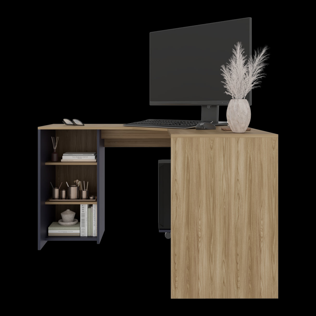 Escritorio En L Baggio Fresno Y Blanco 130x76.5cm Con Entrepaños Y Con Base Para Torre Con Rodachines - ESCRITORIOS | Bylmo