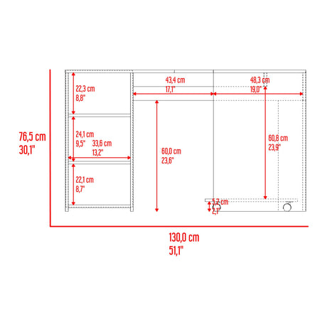 Escritorio En L Baggio Fresno Y Blanco 130x76.5cm Con Entrepaños Y Con Base Para Torre Con Rodachines - ESCRITORIOS | Bylmo