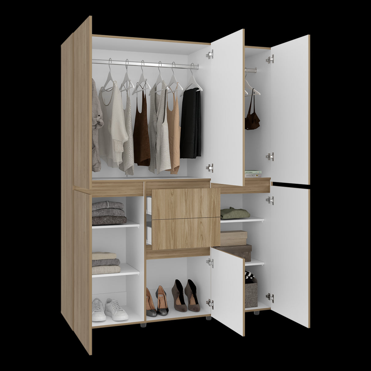 Closet Bea Fresno y Blanco 150x200cm con Dos Cajones con Seis Puertas y con Colgadero de Ropa - CLOSETS | Bylmo