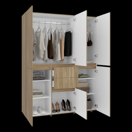 Closet Bea Fresno y Blanco 150x200cm con Dos Cajones con Seis Puertas y con Colgadero de Ropa - CLOSETS | Bylmo