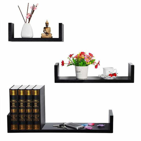 Set de 3 Repisas Wengue 14x50cm Tipo U Rectangulares Flotantes - REPISAS | Bylmo