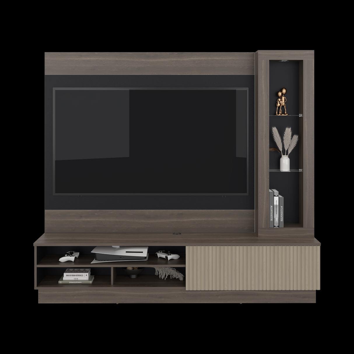 Centro de Entretenimiento Yakarta Milan y Roble Natural 200x180cm para TV Hasta 65" Pulgadas y con Siete Compartimientos - MUEBLES DE TV | Bylmo