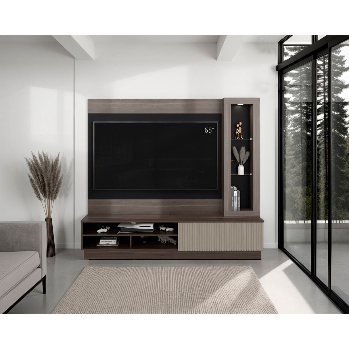 Centro de Entretenimiento Yakarta Milan y Roble Natural 200x180cm para TV Hasta 65" Pulgadas y con Siete Compartimientos - MUEBLES DE TV | Bylmo