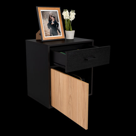 Mesa de Noche Grayson Wengue y Fresno 50x55cm con Un Cajón y con Dos Compartimientos - MESAS DE NOCHE | Bylmo