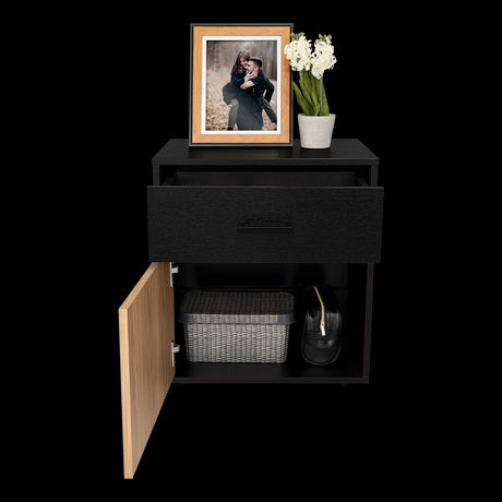Mesa de Noche Grayson Wengue y Fresno 50x55cm con Un Cajón y con Dos Compartimientos - MESAS DE NOCHE | Bylmo