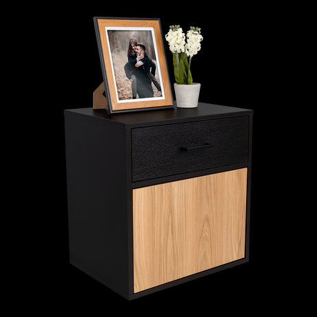 Mesa de Noche Grayson Wengue y Fresno 50x55cm con Un Cajón y con Dos Compartimientos - MESAS DE NOCHE | Bylmo
