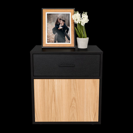 Mesa de Noche Grayson Wengue y Fresno 50x55cm con Un Cajón y con Dos Compartimientos - MESAS DE NOCHE | Bylmo
