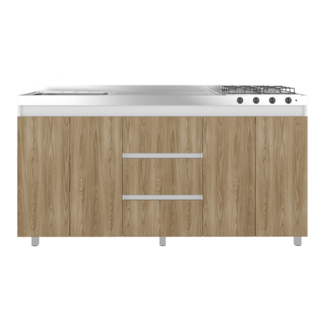 Mueble Inferior de Cocina Boreal Blanco y Fresno Europeo 179.9x89.5cm Con Meson Izquierdo de Acero Inoxidable y con Estufa - MUEBLES INFERIORES DE COCINA | Bylmo