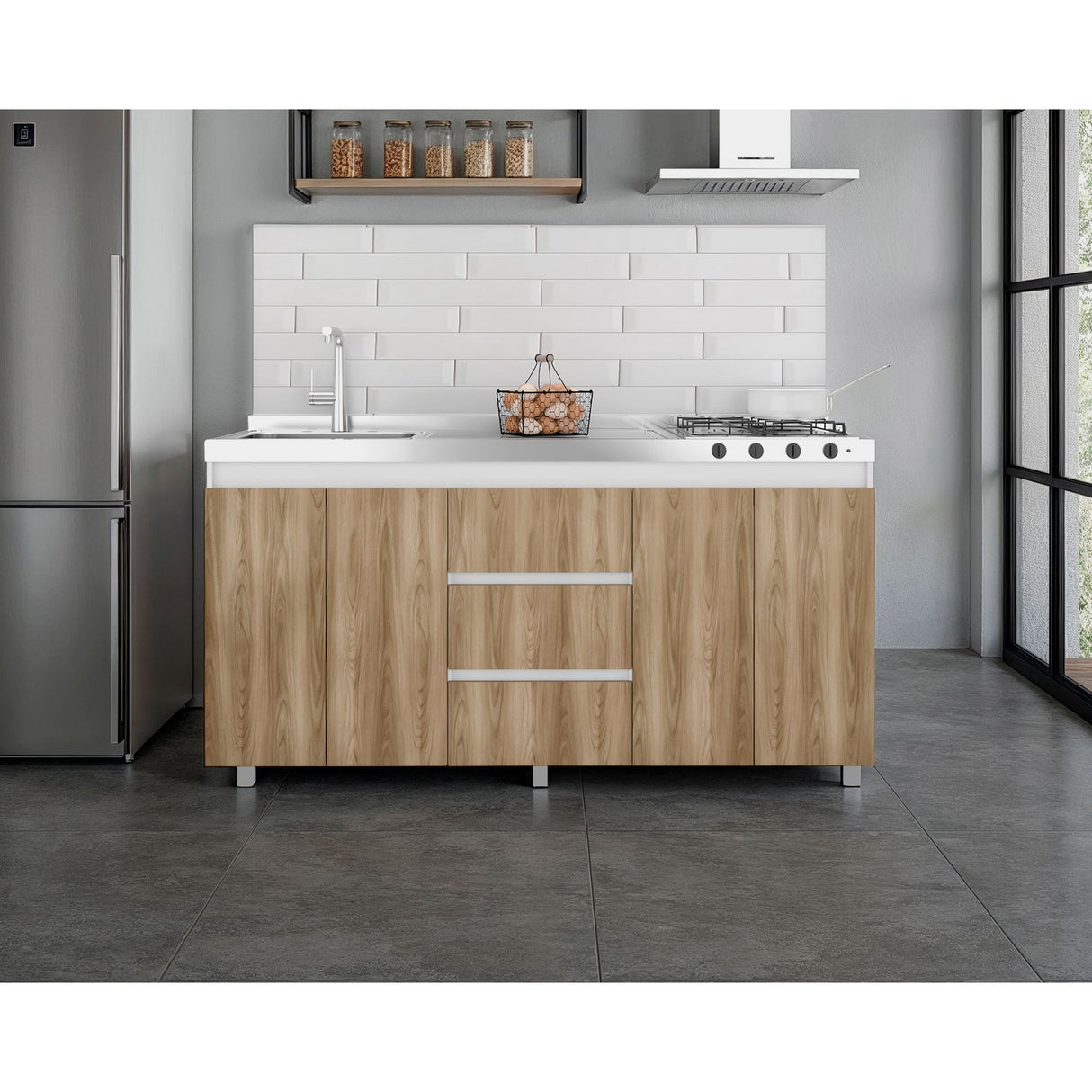 Mueble Inferior de Cocina Boreal Blanco y Fresno Europeo 179.9x89.5cm Con Meson Izquierdo de Acero Inoxidable y con Estufa - MUEBLES INFERIORES DE COCINA | Bylmo