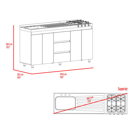 Mueble Inferior de Cocina Boreal Blanco y Fresno Europeo 179.9x89.5cm Con Meson Izquierdo de Acero Inoxidable y con Estufa - MUEBLES INFERIORES DE COCINA | Bylmo