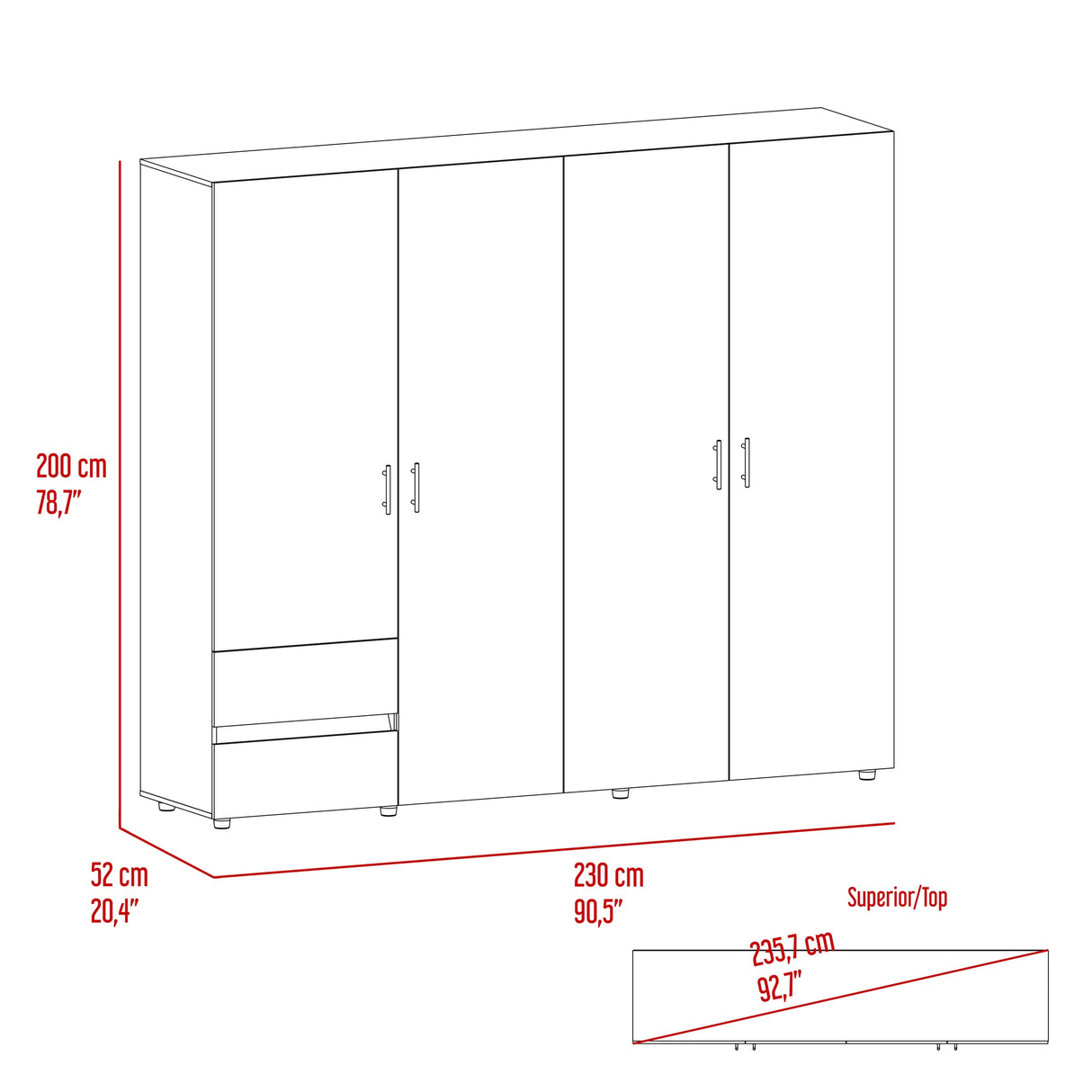 Closet Dassel Niebla y Blanco 230x200cm con Cuatro Puertas y con Dos Cajones - CLOSETS | Bylmo