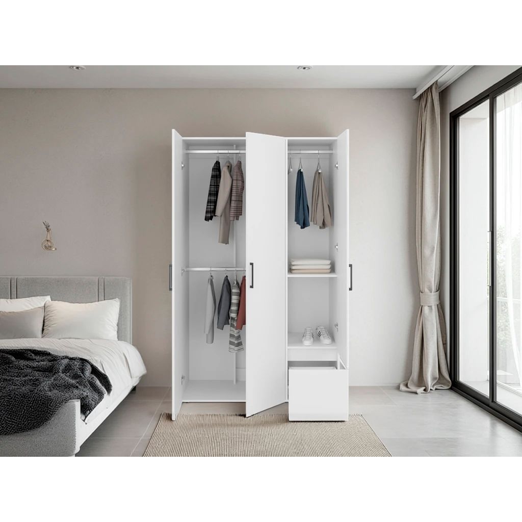Closet Kenvil Blanco 120x200cm con Tres Puertas y con Un Cajón - CLOSETS | Bylmo
