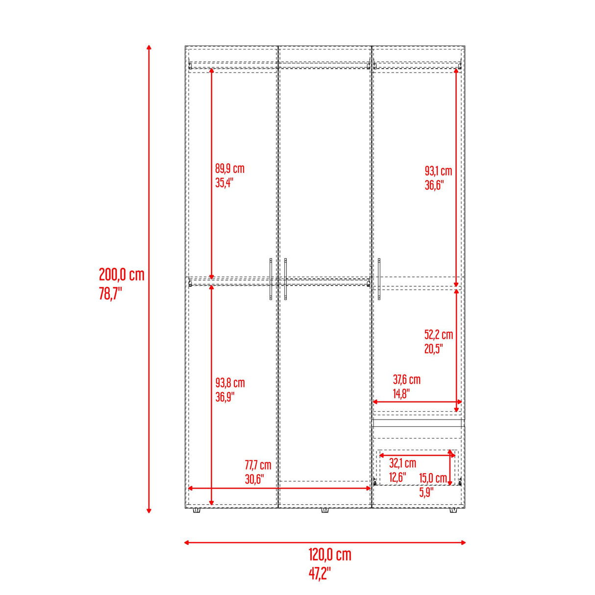 Closet Kenvil Blanco 120x200cm con Tres Puertas y con Un Cajón - CLOSETS | Bylmo