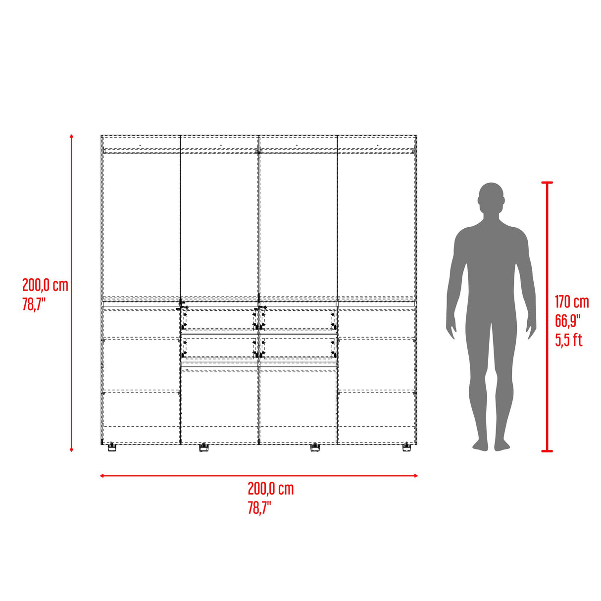Closet Siruela Milan y Wengue 200x200cm con Ocho Puertas y con Cuatro Cajones - CLOSETS | Bylmo