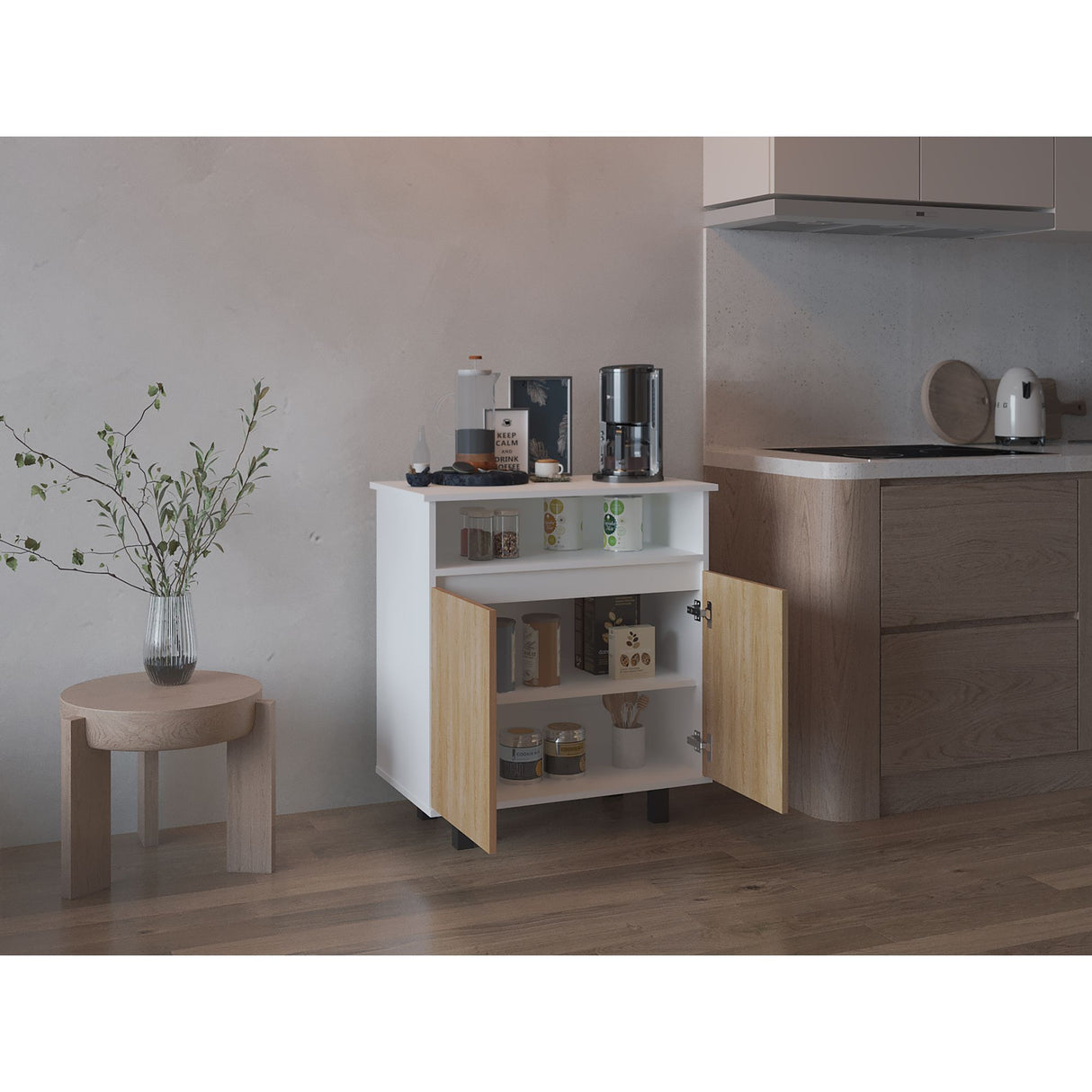 Mueble Auxiliar de Cocina Lona Blanco y Fresno Europeo 73x80.1cm con Tres Compartimientos - BARRAS Y MUEBLES AUXILIARES | Bylmo
