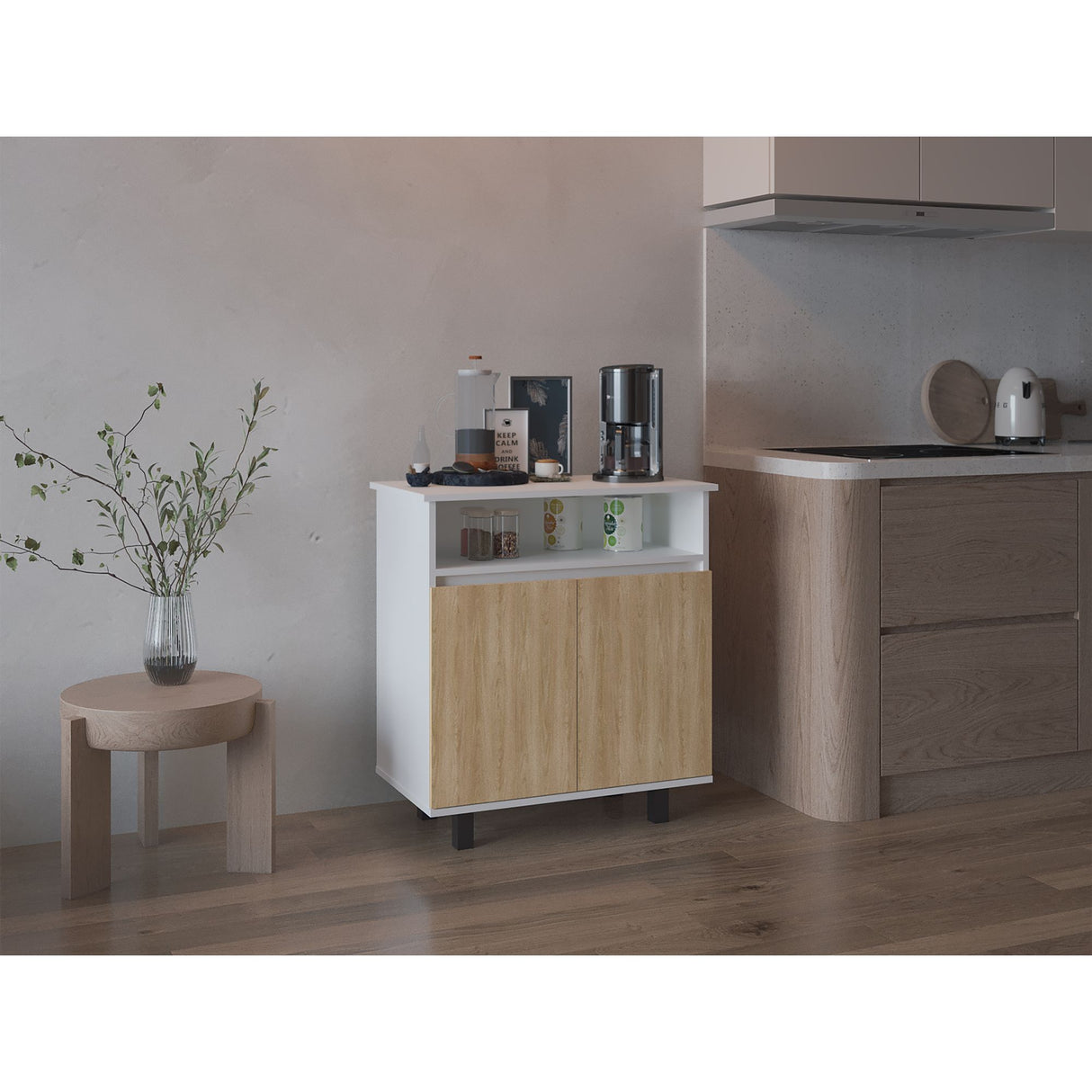 Mueble Auxiliar de Cocina Lona Blanco y Fresno Europeo 73x80.1cm con Tres Compartimientos - BARRAS Y MUEBLES AUXILIARES | Bylmo