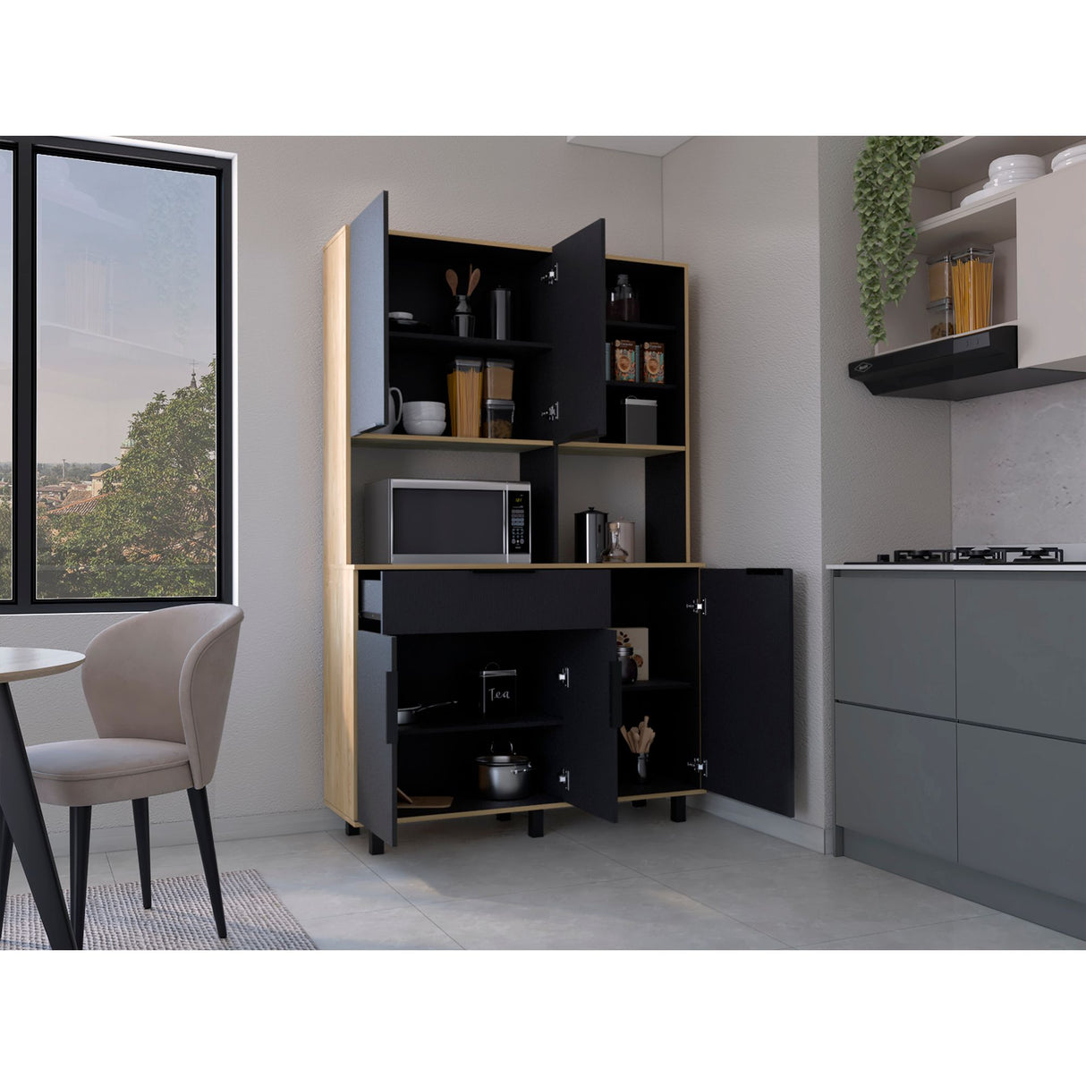 Alacena Oshawa Fresno Europeo y Wengue 125x197cm con Cinco Puertas y un Cajón - ALACENAS Y MUEBLES MICROONDAS | Bylmo