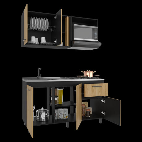 Cocina Preston Wengue y Fresno Europeo 150x60cm con Meson de Acero Al Carbon Izquierdo y con Estufa - COCINAS | Bylmo