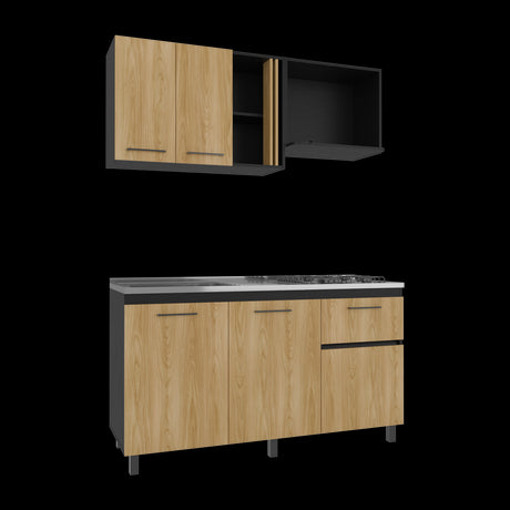 Cocina Preston Wengue y Fresno Europeo 150x60cm con Meson de Acero Al Carbon Izquierdo y con Estufa - COCINAS | Bylmo
