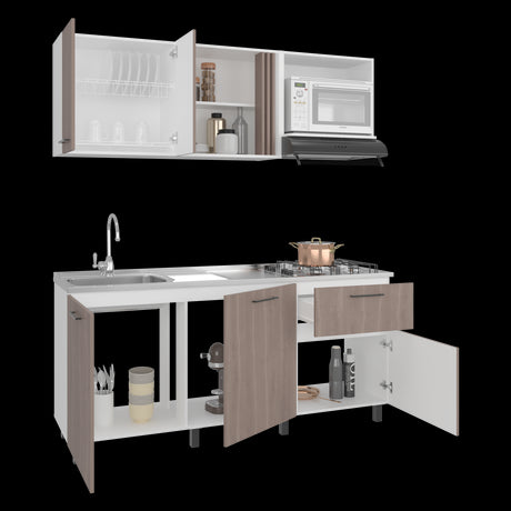 Cocina Preston Blanco y Bardolino 180x60cm con Meson de Acero Al Carbon Derecho y con Estufa - COCINAS | Bylmo