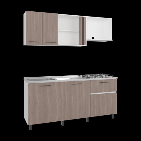 Cocina Preston Blanco y Bardolino 180x60cm con Meson de Acero Al Carbon Derecho y con Estufa - COCINAS | Bylmo