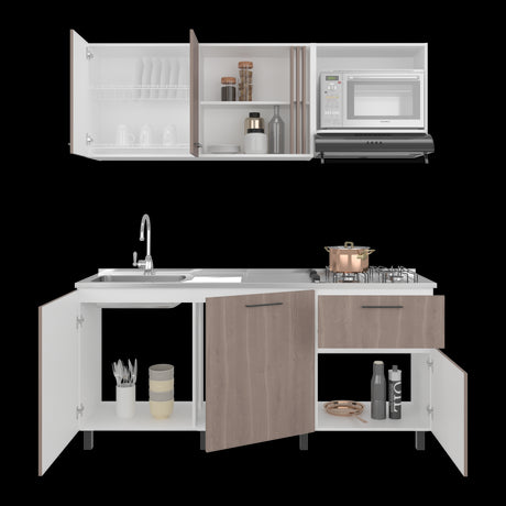 Cocina Preston Blanco y Bardolino 180x60cm con Meson de Acero Al Carbon Derecho y con Estufa - COCINAS | Bylmo