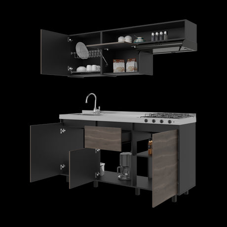 Cocina Quebec Wengue y Milan 180x180cm con Meson de Acero Inoxidable Izquierdo y con Estufa - COCINAS | Bylmo