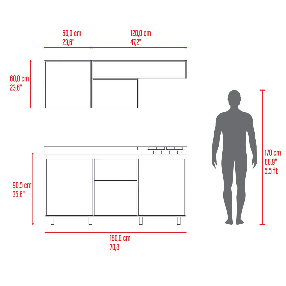 Cocina Quebec Wengue y Milan 180x180cm con Meson de Acero Inoxidable Izquierdo y con Estufa - COCINAS | Bylmo